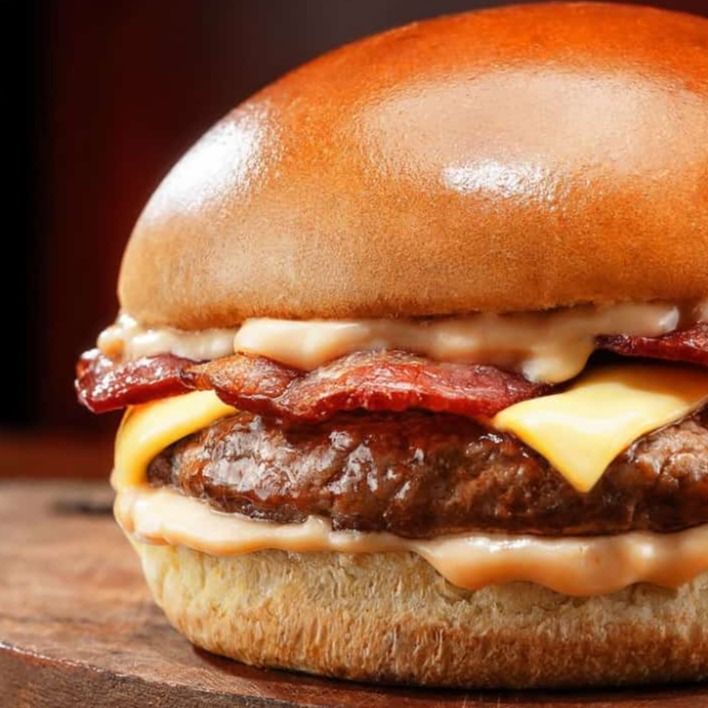 Double - 2 burgers de 150g cada, queijo cheddar, tiras de bacon
